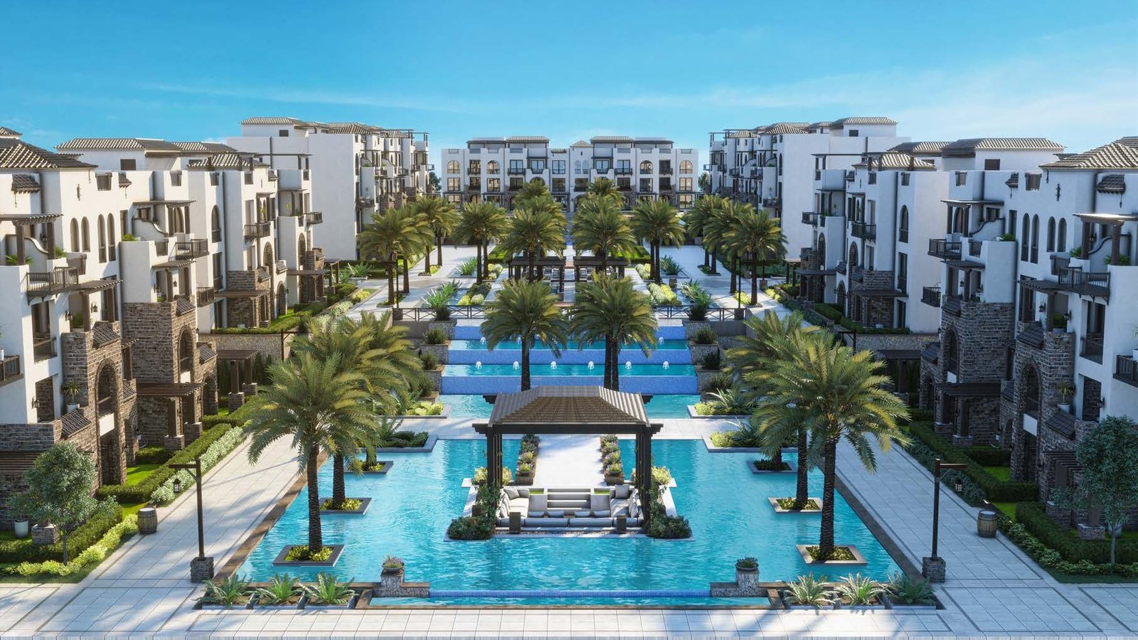 Pools and landscaped promenade at CALA