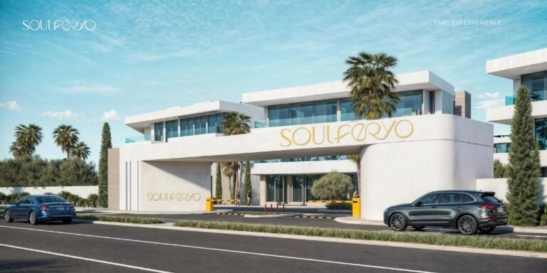 Soulferyo resort entrance – architectural visualisation, not a completed-building photograph