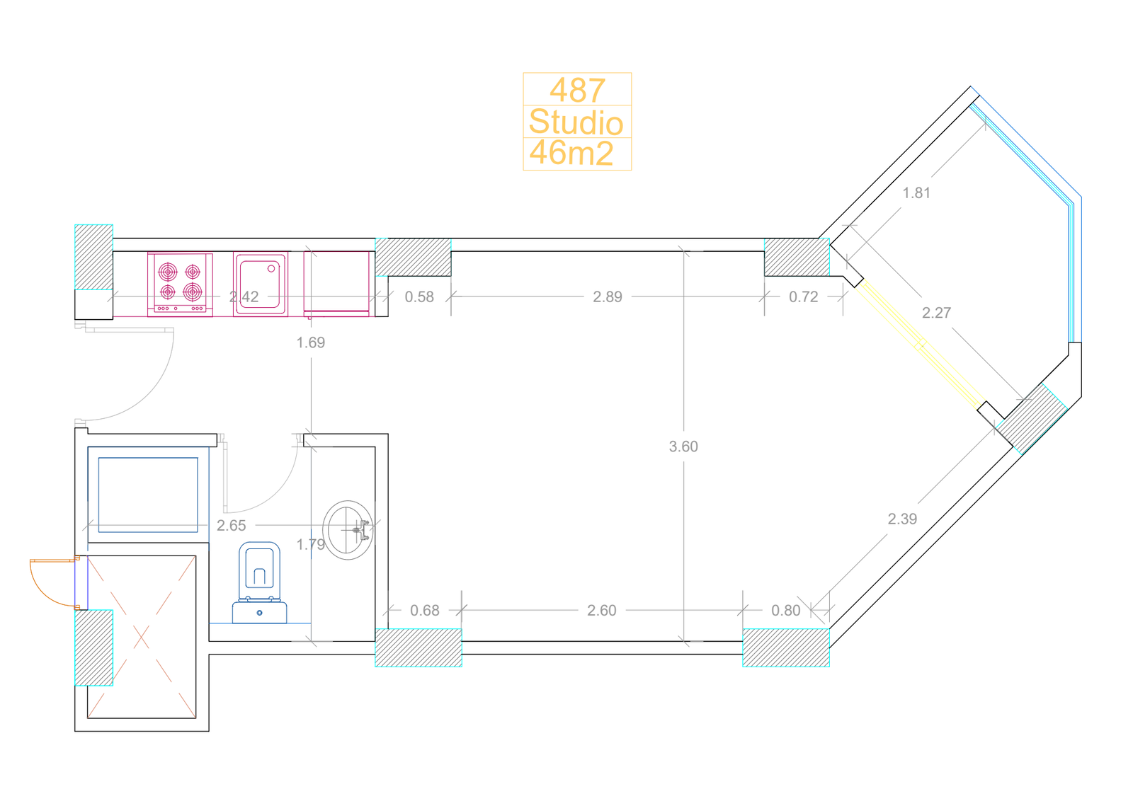 ORO Beach studio 487 unit-specific floor plan, 46 square metres with one bathroom