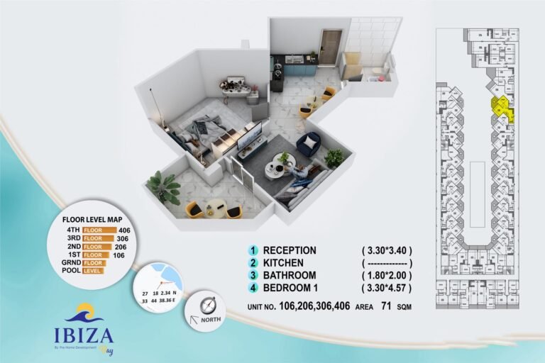 Ibiza Bay apartment 306 – illustrated 71 m² one-bedroom floor plan
